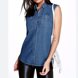 EUC Boohoo Blue Denim Button Down Women’s Casey Sleeveless Patch Pocket Size 4